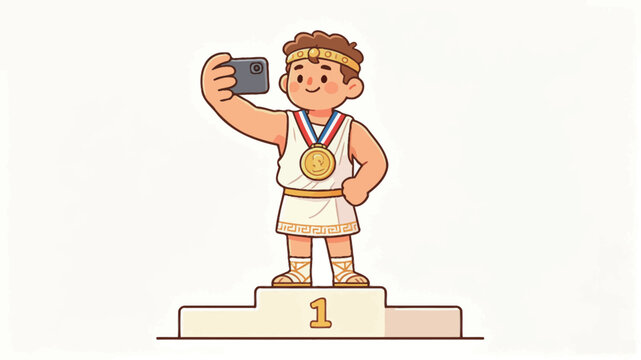 Adorable cartoon victor wearing a golden medal, laurel wreath, and ancient Greek attire, joyfully taking a selfie on a number one winner podium in a clean, playful vector style.