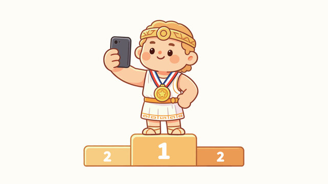 Cute Chibi Greek God Character with Golden Laurel Wreath Taking a Selfie on the First Place Podium While Wearing an Olympic Gold Medal in a Warm Vector Illustration Style