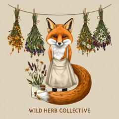 Obraz premium Red fox wearing linen apron hanging dried herbs creating elegant warm vintage cottagecore atmosphere generative AI
