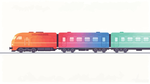 Colorful gradient passenger train with orange, red, pink, purple, blue and mint green carriages, flat design, minimalist style, isolated on white background
