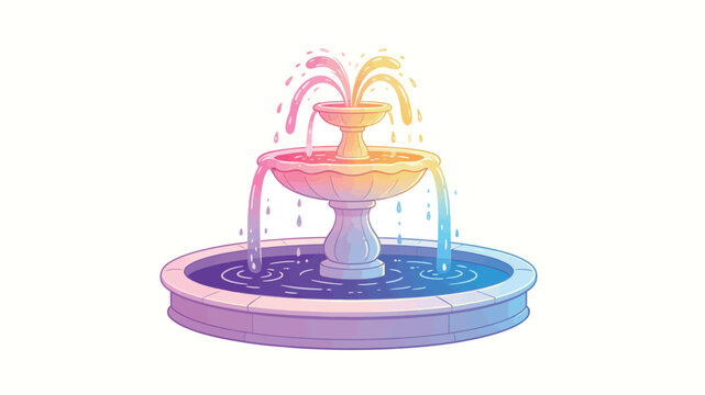 A whimsical two-tiered fountain with vibrant rainbow gradients, featuring colorful water sprays, dripping droplets, and a serene pool surrounded by smooth stone base.