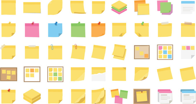 Sticky note vector icon set featuring colorful paper reminders notice boards pins isolated on white background.