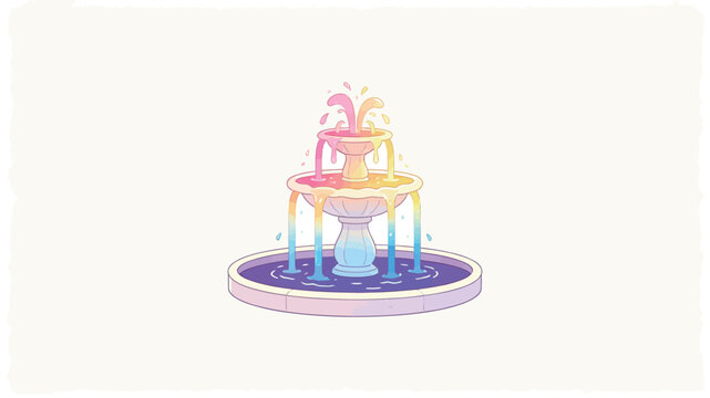 A whimsical two-tiered wishing fountain featuring a pastel rainbow color gradient, with magical liquid flowing from pink and yellow to blue, set against a clean white studio background.