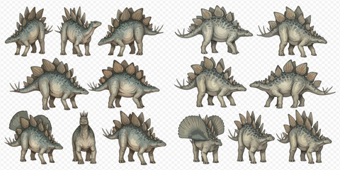 Set of Stegosaurus Dinosaurs in Various Poses, Prehistoric Reptile Collection, Ancient Animal Illustrations. © Ytaja