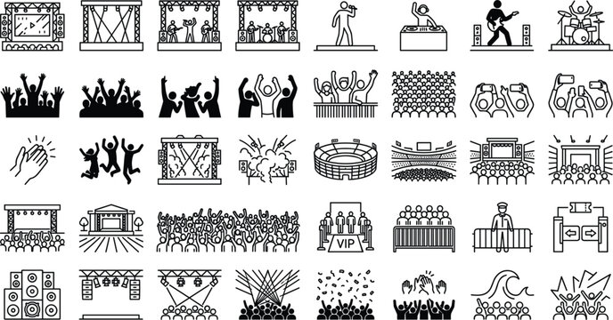 Concert stage line icons set featuring live music festival crowd performance elements isolated on white background.