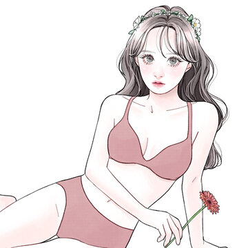 下着姿の女性_ピンク