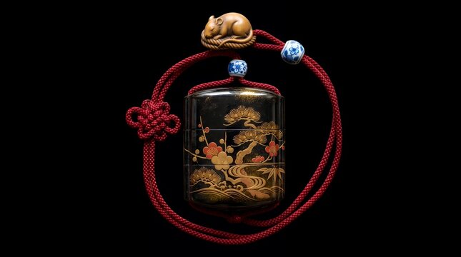 Exquisite Japanese Inro with Sleeping Mouse Netsuke and Braided Cord Art.
