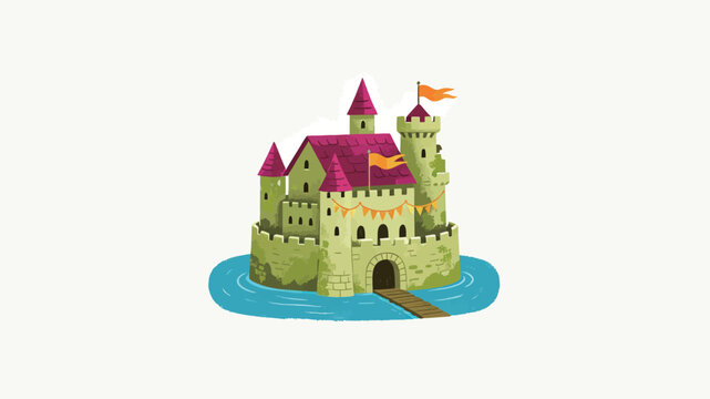 Whimsical Illustration of a Medieval Castle with Green Walls and Pink Roofs, Surrounded by Blue Water, Featuring Orange Flags, Bunting, and a Wooden Bridge on a Clean White Background