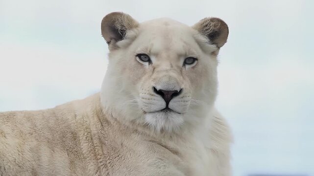 Majestic white lioness rests peacefully with piercing blue eyes and soft fur