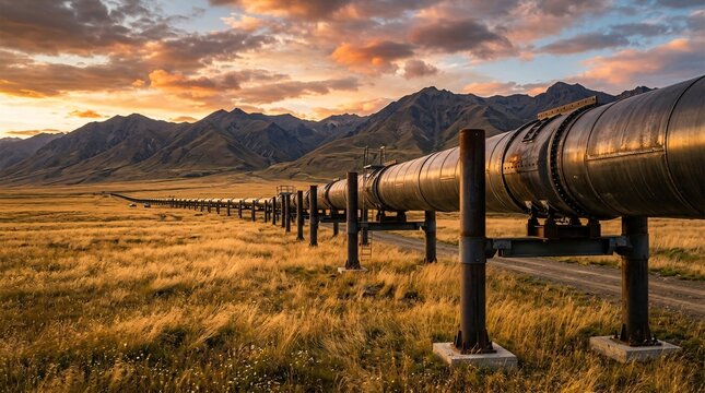A massive industrial pipeline stretches across the golden grassy plains beneath a vibrant sunset sky