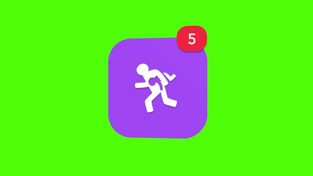 A 3D human silhouette carrying a kidnapped child running dynamic movement amber alert notification icon popping up and rotating on a green screen chroma key background with a red number counter animat