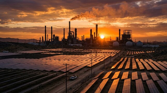 A sprawling industrial facility set against a vibrant sunset sky with solar panels in the foreground