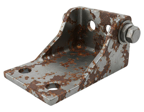 Heavy duty rusty industrial metal bracket mounting hardware hinge for construction on a transparent background