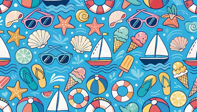 Summer beach elements and marine life seamless pattern on blue background