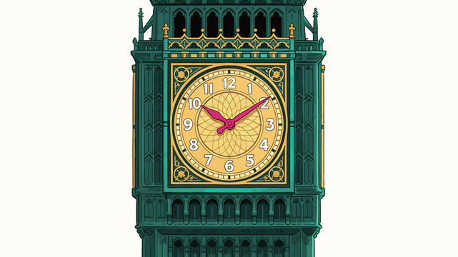 Stylized Illustration of an Ornate Clock Tower with Vibrant Green and Gold Accents, Pink Hands, and Geometric Patterns on a Golden Face