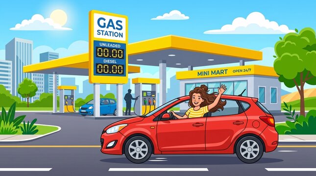 A cheerful woman drives her red car past a busy gas station on a sunny day in the city