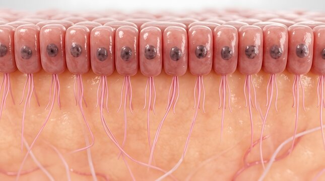 3d rendering of a cross section of human epithelial tissue showing a single layer of columnar cells with nuclei and basal nerve endings