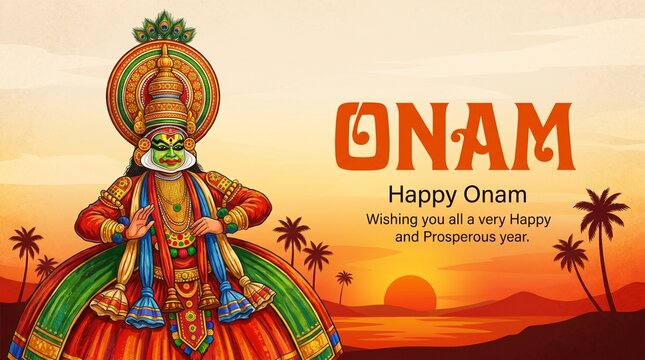 illustration of colorful Kathakali dancer on background for Happy Onam festival of South India Kerala