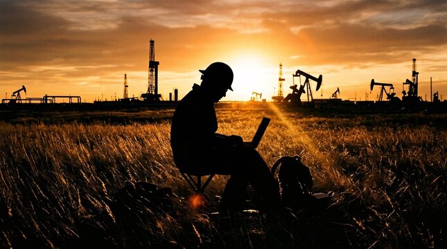 A solitary oil field worker sits on a stool typing on a laptop during a golden sunset