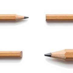 Fototapeta premium Set of wooden pencils from different angles on borders isolated on white background, minimalist stationery frame collection with sharpened tips and copy space.