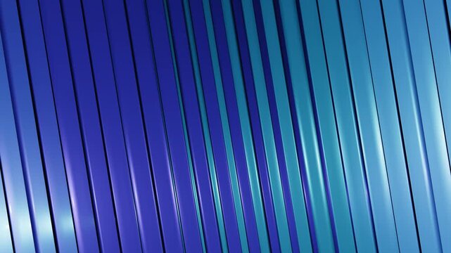 Blue metallic vertical slats reflecting light in abstract industrial surface polished glossy 3D rendering