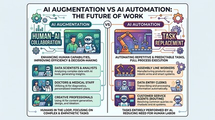 Naklejka premium Comparison of artificial intelligence augmentation and automation