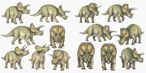 Collection of triceratops dinosaurs in various poses, hand-drawn illustration set. © Ytaja