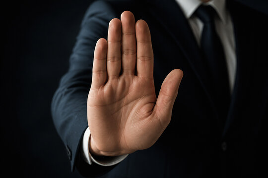 A person in a dark suit is holding up their hand in a stop or refusal gesture against a dark background.