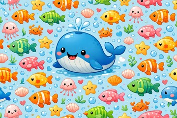 Obraz premium Cute cartoon marine animals blue sea pattern with whale, fish, jellyfish and starfish