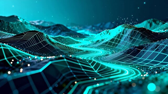 Digital landscape with glowing lines and dots