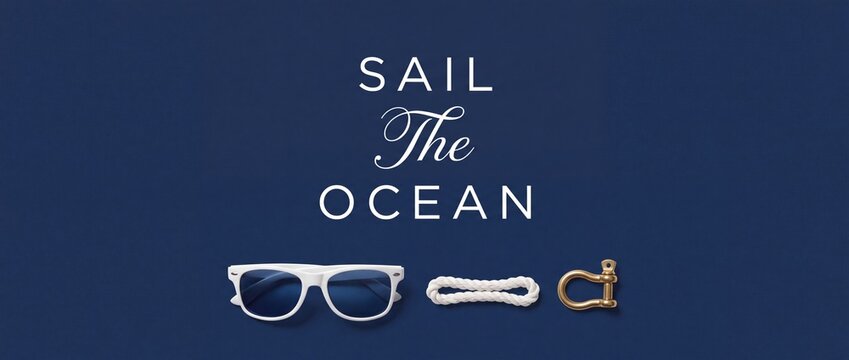 Sailing flat lay background hosting white sunglasses, marine rope and gold brass shackle on dark navy blue layout, perfect for summer yachting cruise travel poster design featuring sail the ocean text