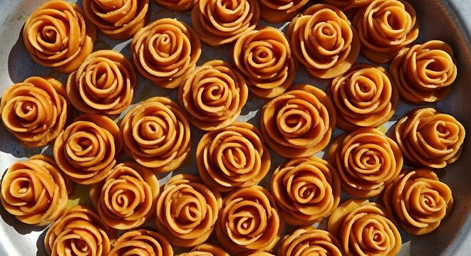 Handcrafted rose shaped cookies on a baking tray, golden brown floral pastries, traditional sweet dough biscuits in flower pattern