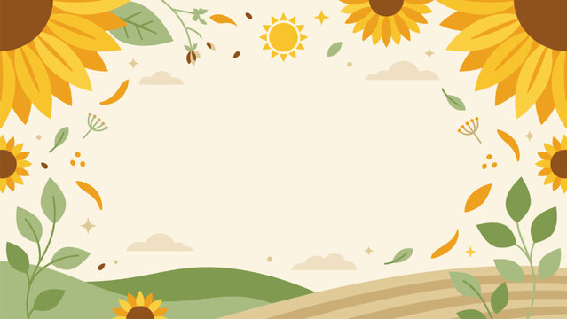 Vintage Sunflower Botanical Border and Farm Landscape Background A serene flat design background featuring sunflowers in the corners falling seeds leaves and a calm rural