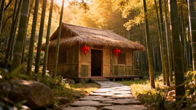Bamboo hut in forest with stone path