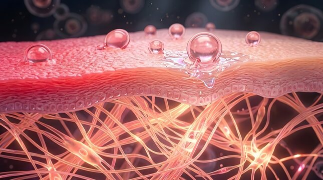 3d illustration of human skin layers with nerve endings and moisture droplets on the surface representing skin hydration and sensory perception