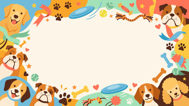 Diverse Dog Breeds and Pet Accessories Frame Background A fun and colorful vector border featuring various cute dog faces including bulldog golden retriever beagle and poodle
