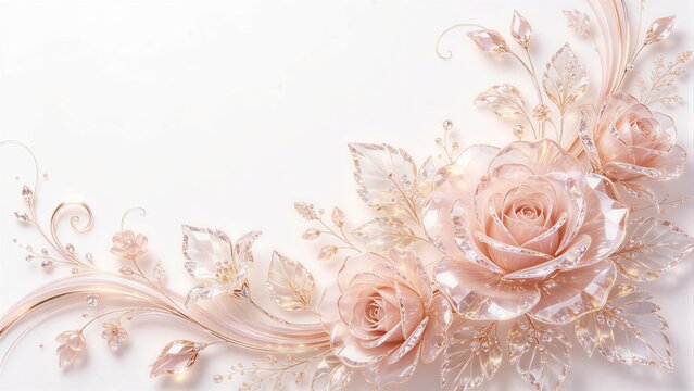 Elegant floral graphic with beautiful blush pink crystal glass rose flowers, with flowing vines and clear delicate leaves on clean white background, brilliant floral design wallpaper