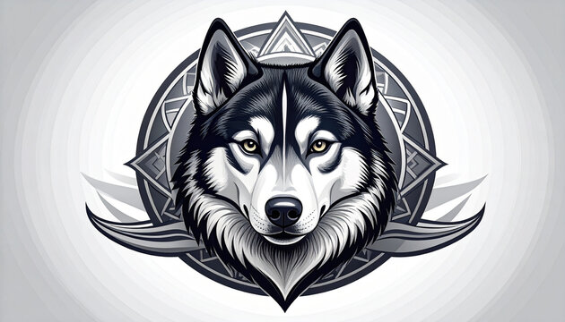 Close up illustration of a husky dog head with ornamental decorative elements
