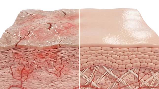 3d illustration of healthy skin versus dry, cracked, and irritated skin with inflammation, showing the difference in texture and cellular structure