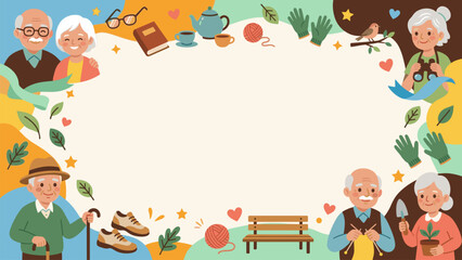 Fototapeta premium Active Seniors and Elderly Hobbies Frame Background A heartwarming vector background featuring happy grandparents engaging in various hobbies like gardening knitting walking and bird