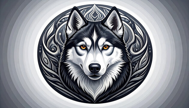 Close up of a majestic wolf head illustration within an ornamental design