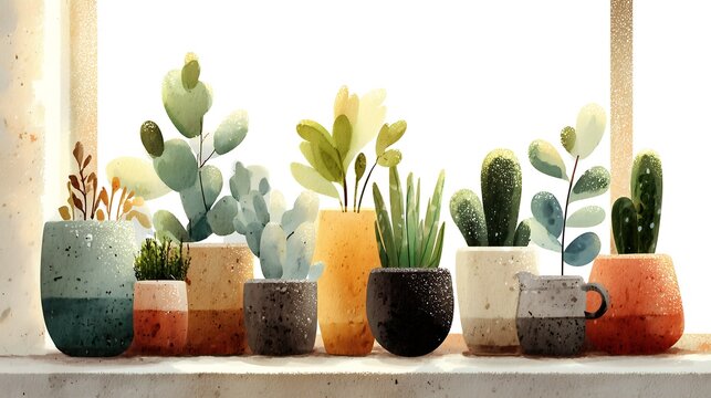 Watercolor illustration of cozy indoor plants in ceramic pots near a sunny window, isolated on white background, soft pastel colors and calming home aesthetic.