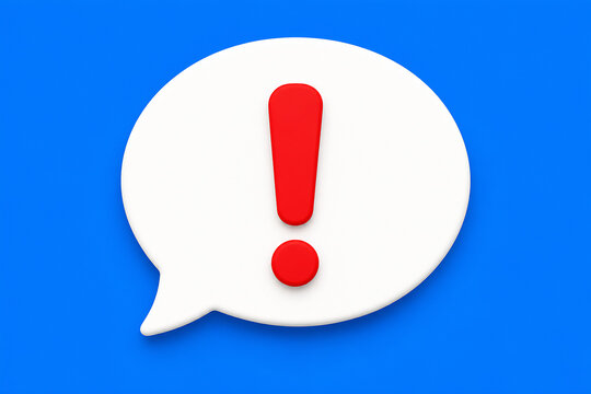A large white speech bubble with a red exclamation mark on a bright blue background.