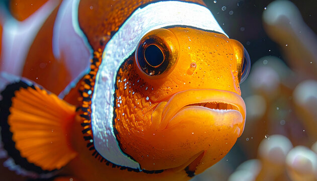 Close up of a vibrant clownfish showcasing underwater life details
