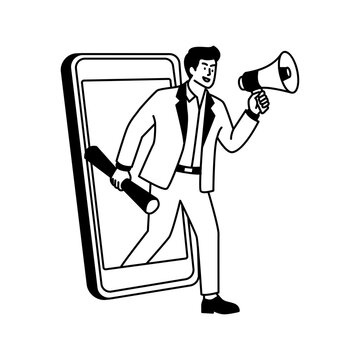 Real Estate Advertising Agent with Megaphone and Blueprint line icon illustration