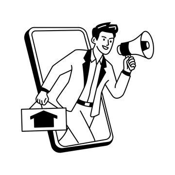 House Selling Agent with Megaphone and Property Sign line icon illustration