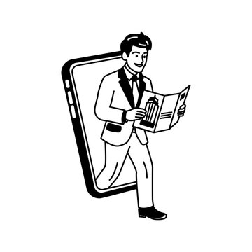 Real Estate Agent Reading Property Brochure from Smartphone line icon illustration