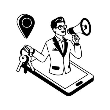 Real Estate Promotion Agent with Megaphone and House Keys line icon illustration