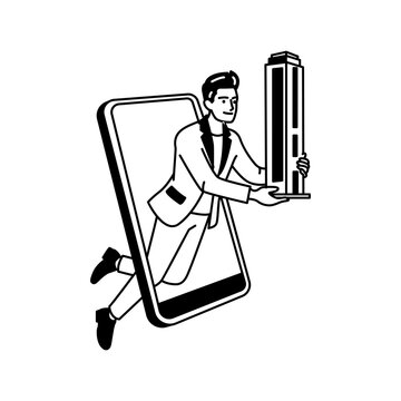 Property Developer Carrying Building Model from Mobile App line icon illustration