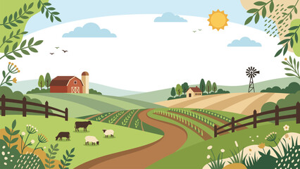 Rural Farm Scenery and Green Fields Border Background A picturesque vector frame featuring a tranquil countryside landscape with a red barn silo windmill farm animals grazing © DesthaMukti